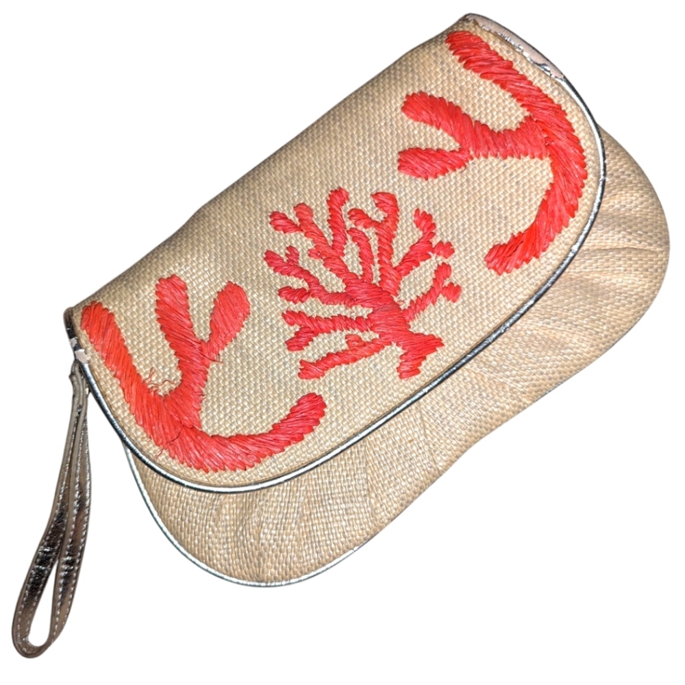 FELIX REY Summer Straw Rattan Clutch Purse Wristlet Orange Embroidery Detail